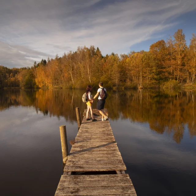 Un couple profite de la vue sur un ponton au-dessus d'un étang, dans un paysage aux couleurs automnales - Région des 1000 Étangs - Vosges du Sud