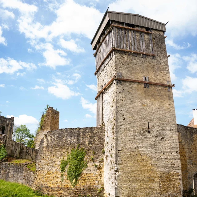 Vue sur la tour principale du château médiéval d'Oricourt et son mur d'enceinte - Vallée de l'Ognon