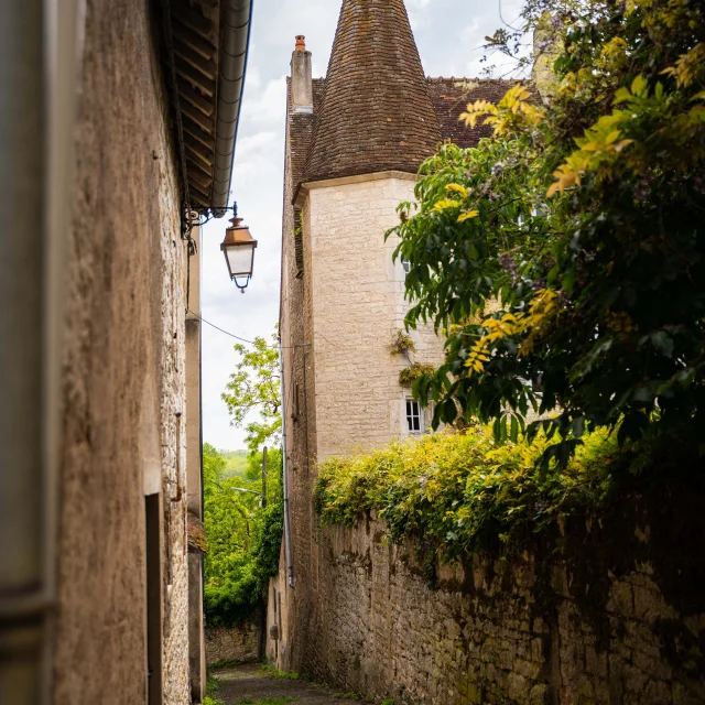 Ruelle de la Cité de Caractère de Pesmes (Plus Beaux Villages de France) avec ces murs et bâtiments remarquables en pierre - Vallée de l'Ognon