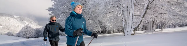 Un couple randonne avec les raquettes sous la neige au Ballon d'Alsace - Vosges du Sud