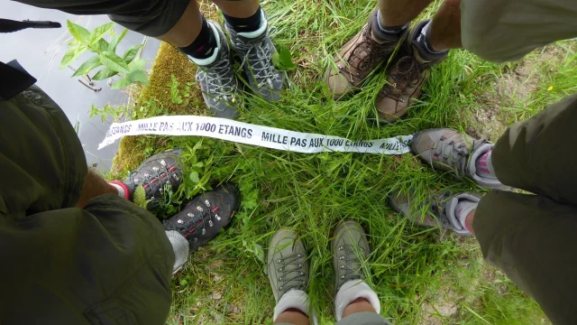 Un groupe de randonneurs pose aux côtés de la banderole du Festival Mille Pas aux 1000 Etangs - Plateau des 1000 Etangs - Vosges du Sud