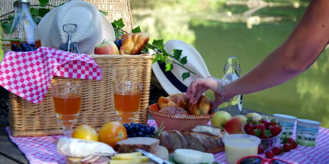 Une femme se sert dans un panier de pique nique près de l'eau. Sur une nappe à carreaux roses se trouvent des produits locaux : terrine, fromage, fruits, laitage, viennoiserie ...