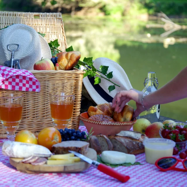 Une femme se sert dans un panier de pique nique près de l'eau. Sur une nappe à carreaux roses se trouvent des produits locaux : terrine, fromage, fruits, laitage, viennoiserie ...