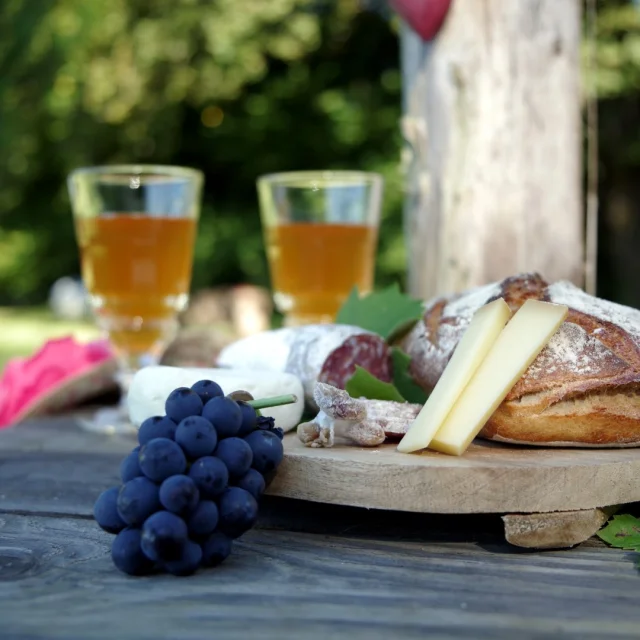 Plateau avec du pain, du fromage, saucisson, 2 verres de jus de pommes. L'image est colorée avec un chapeau rose, du raisin et du lierre.