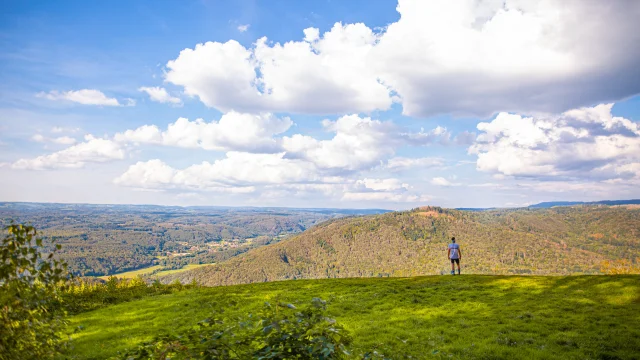 Un homme fait du Trail au Mont de Vannes, au cœur du Plateau des 1 000 étang , en forêt - Vue sur toute la vallée - Vosges du Sud