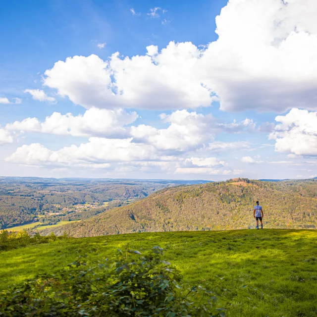 Un homme fait du Trail au Mont de Vannes, au cœur du Plateau des 1 000 étang , en forêt - Vue sur toute la vallée - Vosges du Sud