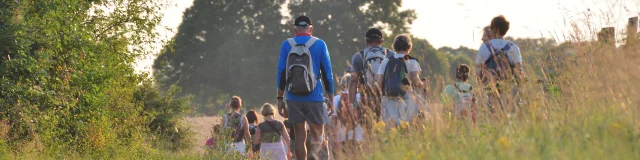 Un groupe de randonneurs marche en pleine nature.