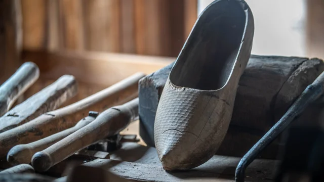 Focus sur un groupe d'objets, dont un sabot, au Musée Départemental de la Montagne à Château-Lambert - Vosges du Sud