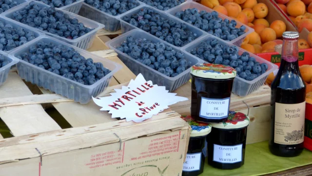 Focus sur un stand de fruits (myrtilles) sur le marché de Pays à Faucogney-et-la-Mer - Plateau des 1000 Etangs, Vosges du Sud