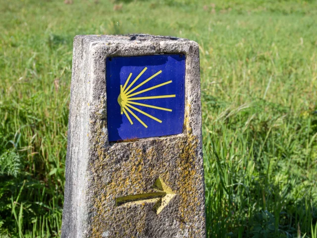 Balisage de Saint Jacques de Compostelle : la coquille jaune sur fond bleu