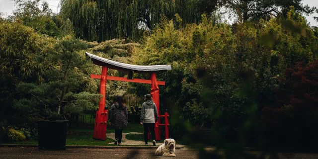 Un couple entre par la porte d'inspiration japonaise, dans les jardins aquatiques Acorus - Vallée de l'Ognon