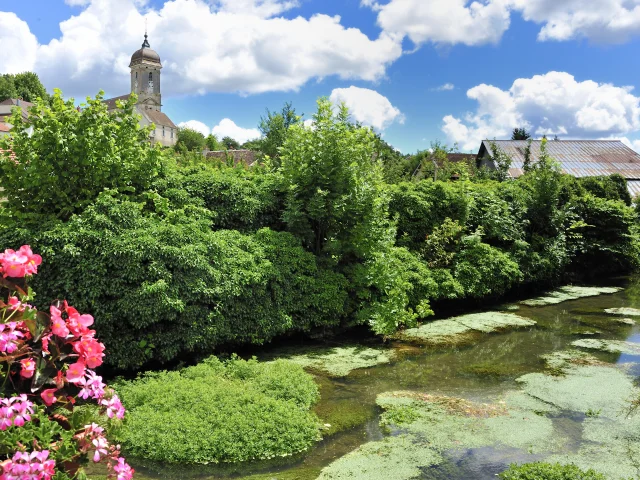 Vue sur la rivière Ognon et la commune de Bucey-lès-Gy avec son église au toit de tuiles vernissées - Vallée de l'Ognon