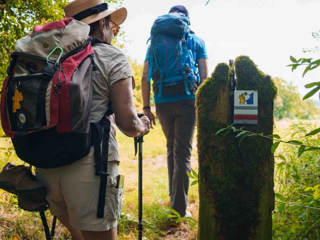 Des pèlerins randonnent sur le sentier de la Via Francigena - Vesoul - Val de Saône