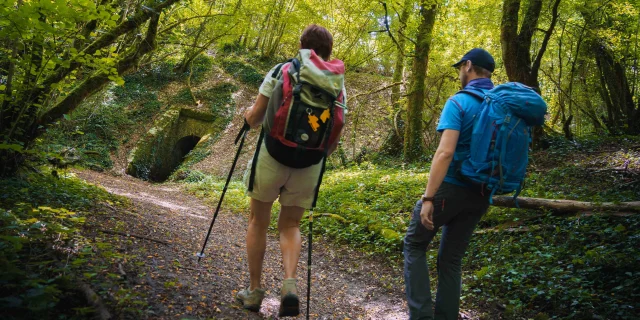 Des pèlerins randonnent sur le sentier de la Via Francigena - Vesoul - Val de Saône