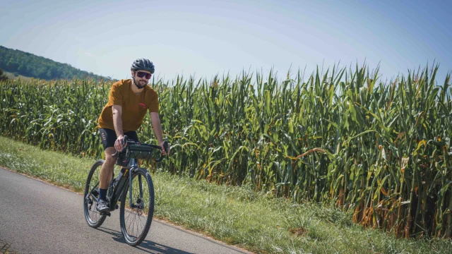 Un cycliste emprunte la Trace du Courlis qui permet de faire la liaison entre la V50 et l'EV6. Il et en pleine nature sur un site propre au milieu des champs de maïs - Vesoul - Val de Saône