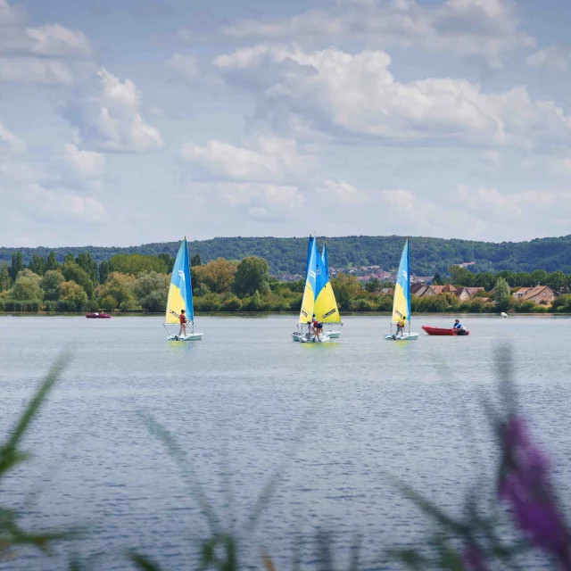 lac de Vesoul-Vaivre où l'on voit des petits bateaux à voile navigués - Derrière, on voit la Motte de Vesoul - Vesoul - Val de Saône