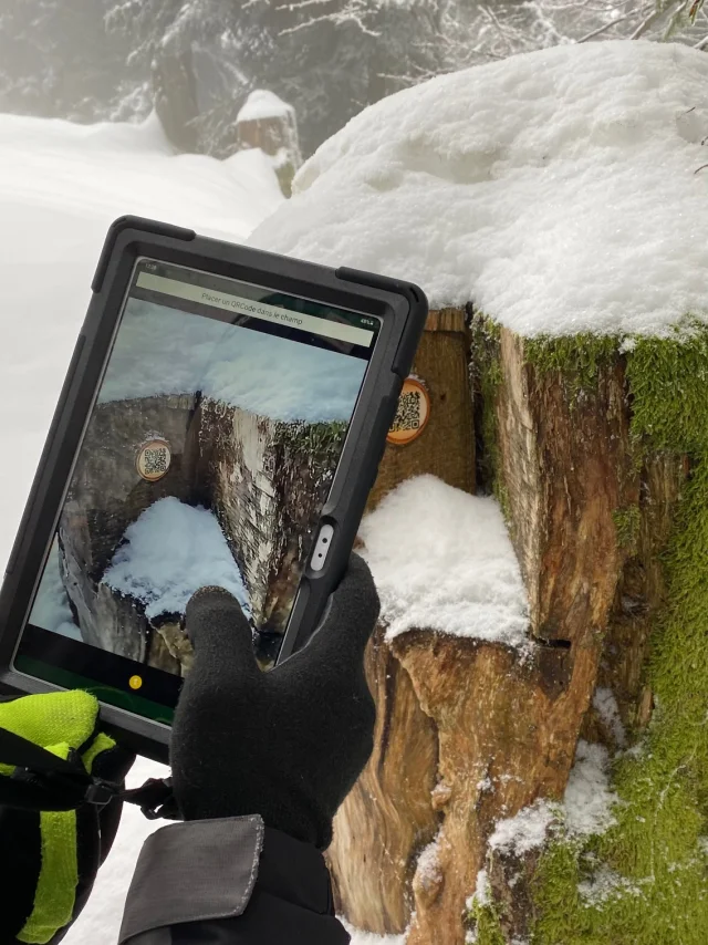 Un homme tient une tablette pour scanner une balise de l'Explor Game de La planche des Belles Filles, au milieu d'un paysage enneigé - Vosges du Sud