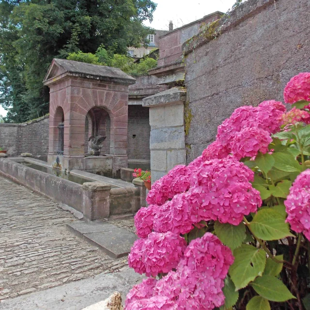 La Fontaine du cygne, en grès rose en hémicycle à portique, de la Cité de caractère de Montbozon - Vallée de l'Ognon