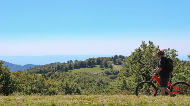 Un VTTiste regarde la vue au Ballon d'Alsace - Vosges du Sud