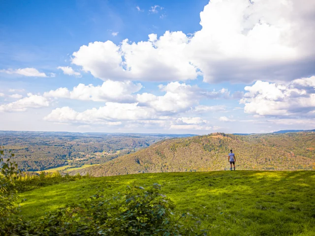 Un homme fait du Trail au Mont de Vannes, au cœur du Plateau des 1 000 étang , en forêt - Vue sur toute la vallée - Vosges du Sud