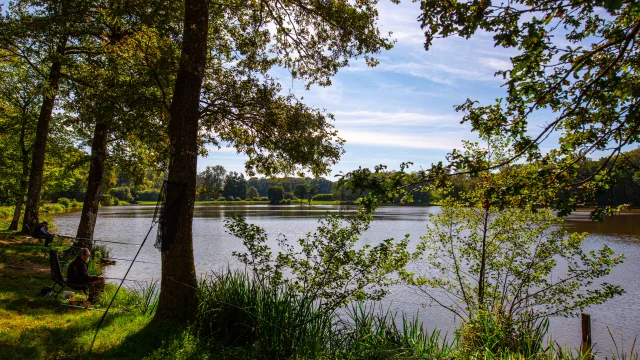 Des pêcheurs assis pêchent sur l'Étang Réchal, près d'Héricourt - Vosges du Sud