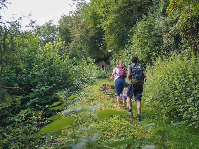 Une famille randonne en pleine nature, au fond du hcemin une chapelle pointe le bout de son nez - Vesoul - Val de Saône