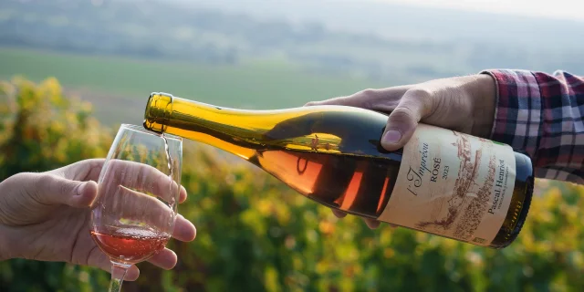 Un homme sert un verre de vin Rosé appelé 