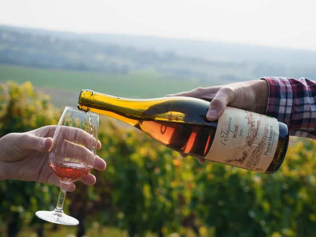 Un homme sert un verre de vin Rosé appelé 