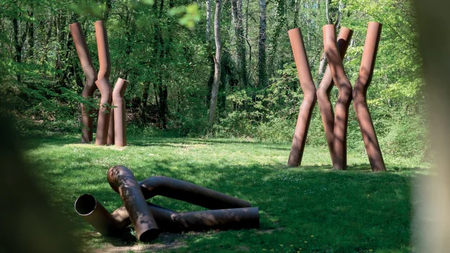 Vue sur un ensemble de sculptures en forêt, sur le parcours d'art contemporain Ile Art à Malans - Vallée de l'Ognon, Haute-Saône