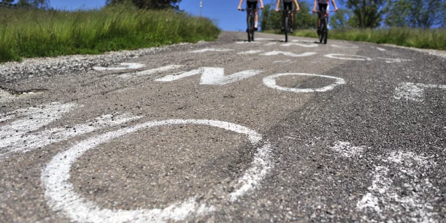 Un groupe de VTTistes descend la montée Pinot à La Planche des Belles Filles - Vosges du Sud