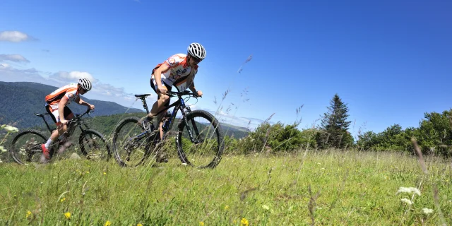 Un groupe de VTTistes grimpe La Planche des Belles Filles sur un chemin enherbé - Vosges du Sud