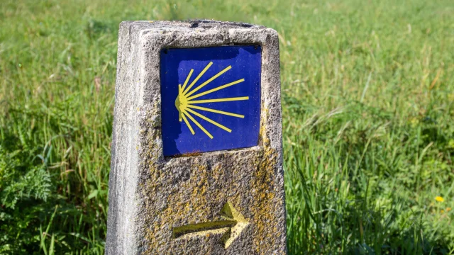 Balisage de Saint Jacques de Compostelle : la coquille jaune sur fond bleu