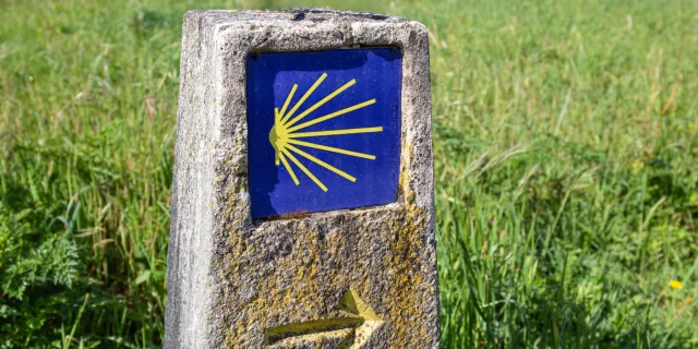 Balisage de Saint Jacques de Compostelle : la coquille jaune sur fond bleu