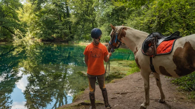 Une cavalière et son cheval observe la Source du Planey - tourisme équestre - Vosges du Sud