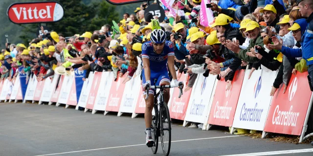 Le coureur cycliste Thibaut Pinot, originaire de Haute-Saône (Melisey), lors de l'arrivée de l'étape du Tour de France 2014 à La Planche des Belles Filles - Vosges du Sud